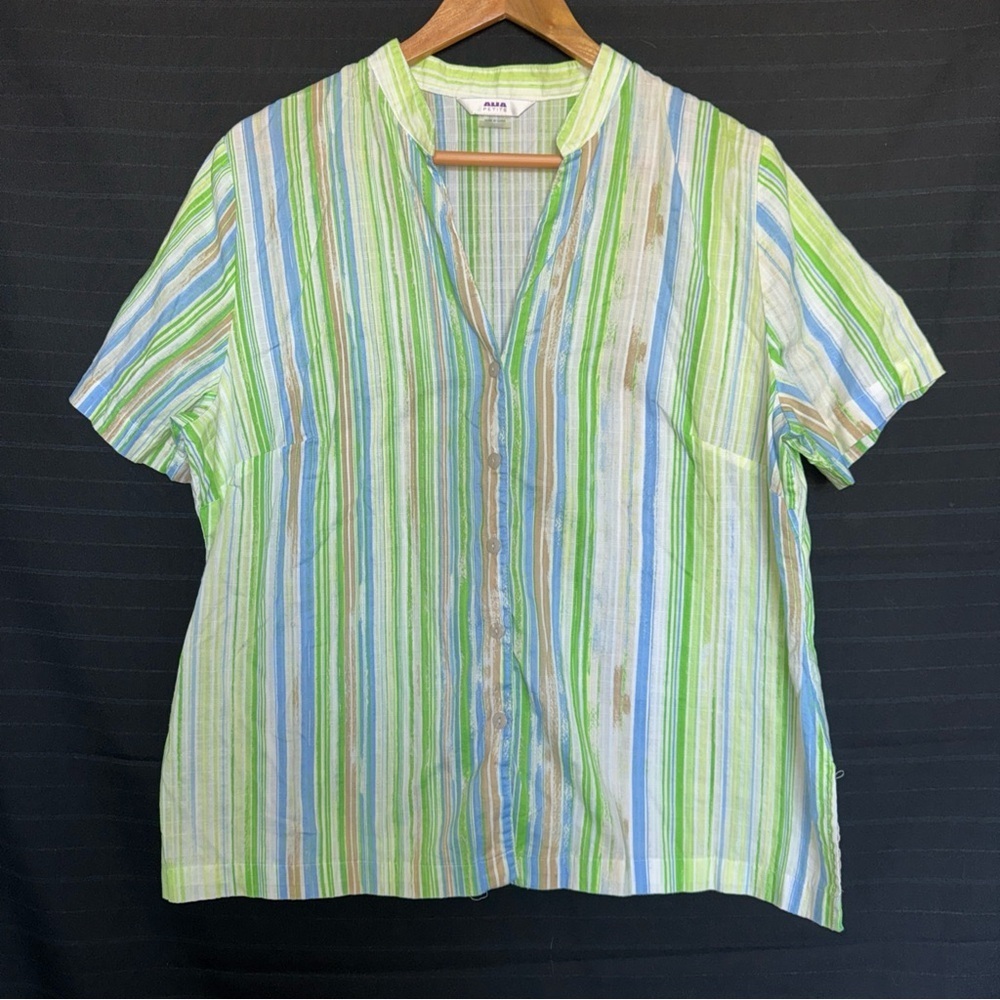 Alia Shirt Green White Stripes Short Sleeve Button Up V Neck Women's 14P Petite